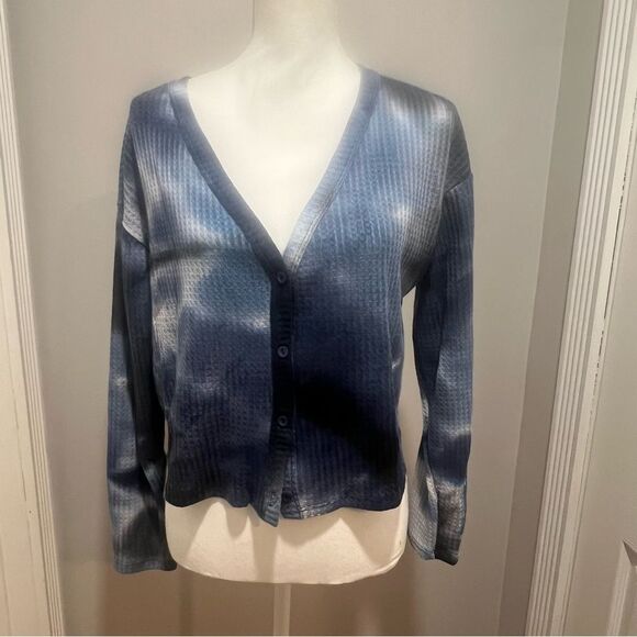 Sage the Label Anthropologie Navy Blue Tie-Dye Waffle Knit Cardigan size medium - Picture 6 of 10